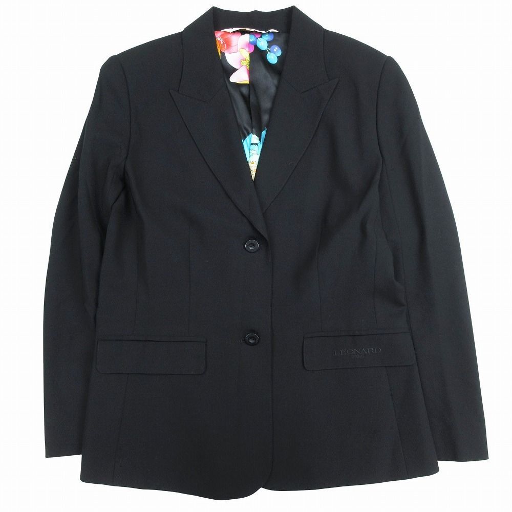 LEONARD レオナール パンツスーツ セットアップ フラワープリント裏地 ピークドラペル ブラック サイズM レディース