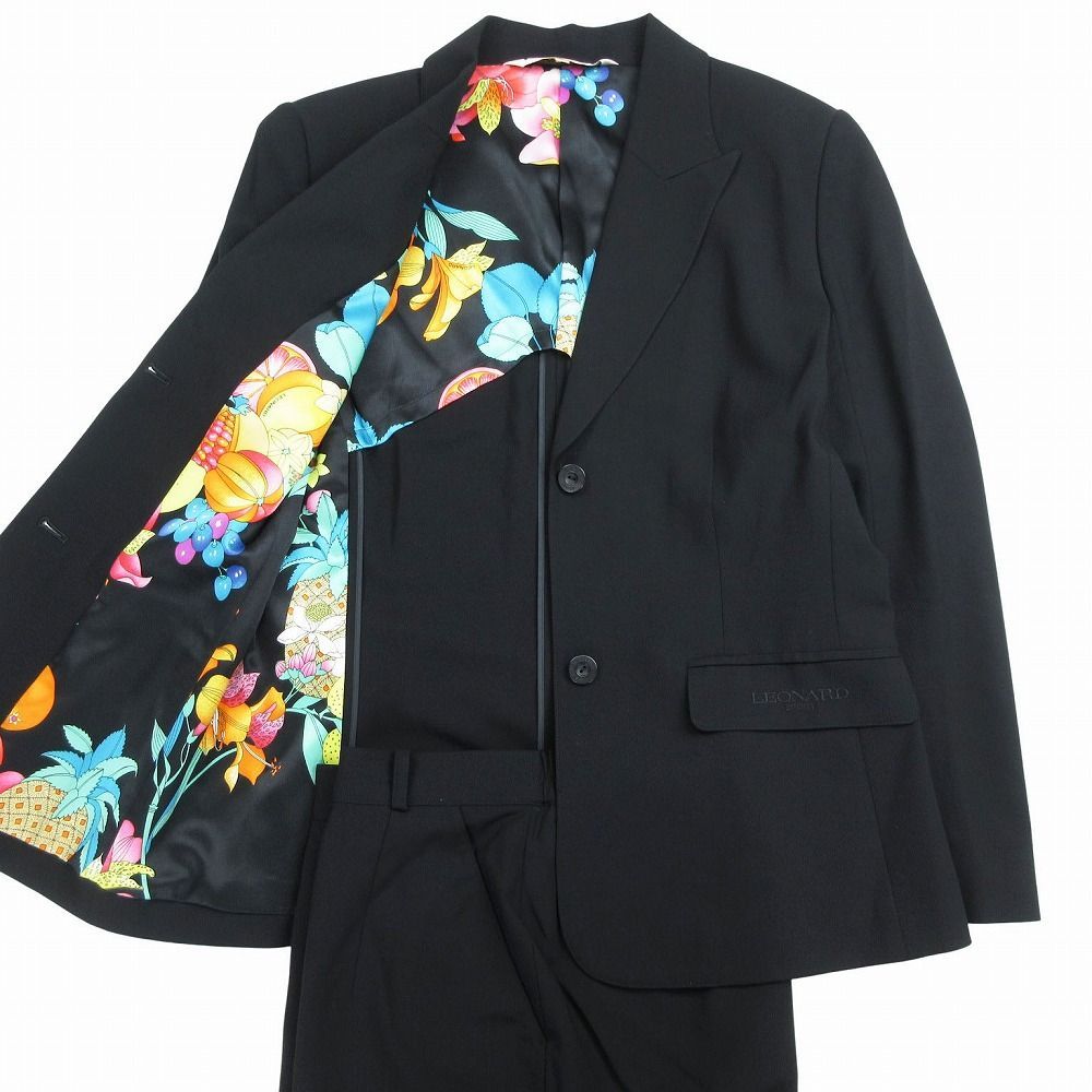 LEONARD レオナール パンツスーツ セットアップ フラワープリント裏地 ピークドラペル ブラック サイズM レディース
