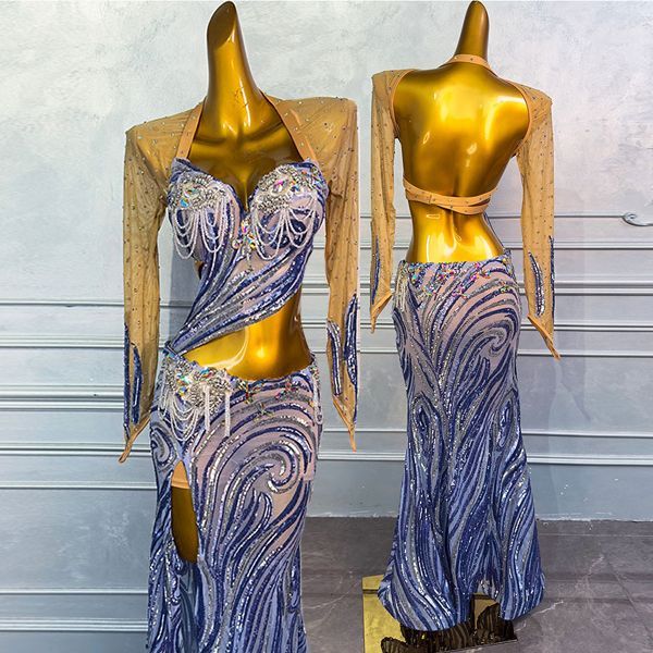 ♥ 舞姿翼WZY132 定制 ベリーダンス衣装 ブルー ステージドレス 長袖ブラトップ＋スリットスカート セットアップ M〜Lサイズ カスタム