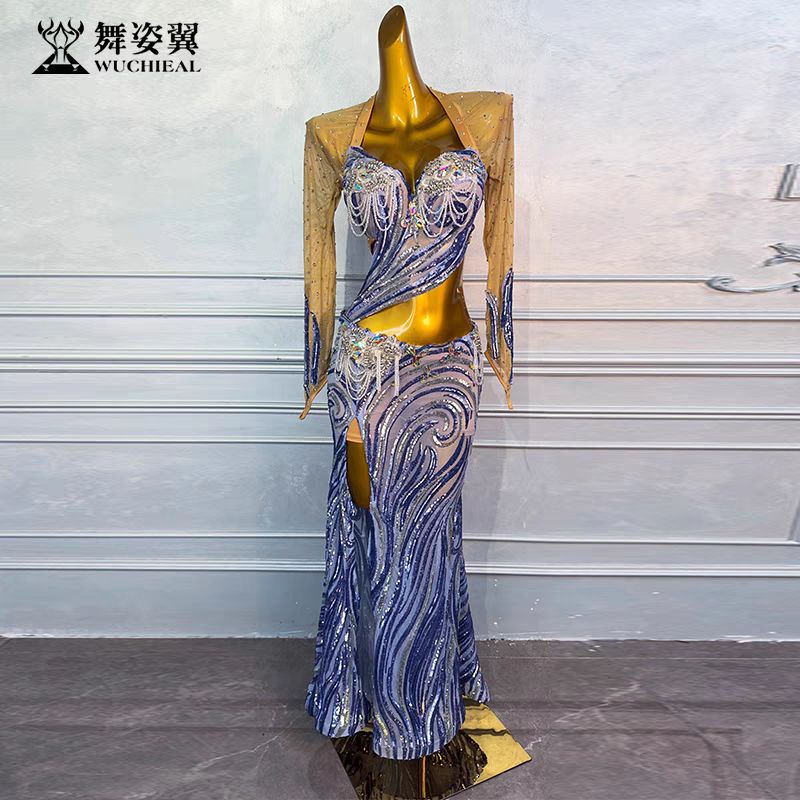 舞姿翼WZY132 定制 ベリーダンス衣装 ブルー ステージドレス 長袖ブラトップ スリットスカート セットアップ M〜Lサイズ カスタム LLC-HASEGAWATOSO_COM