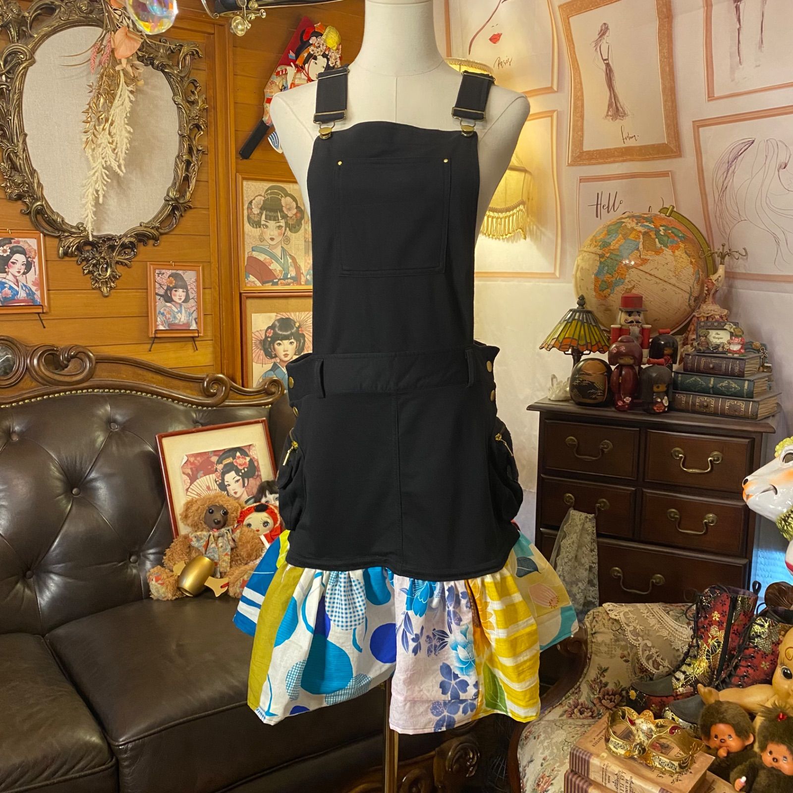 和洋折衷リメイク 浴衣 オーバーオール サロペット ワンピース パッチワーク コラージュ ドッキング 切り替え レトロ 古着 ハンドメイド ビビッドカラフル 0-77