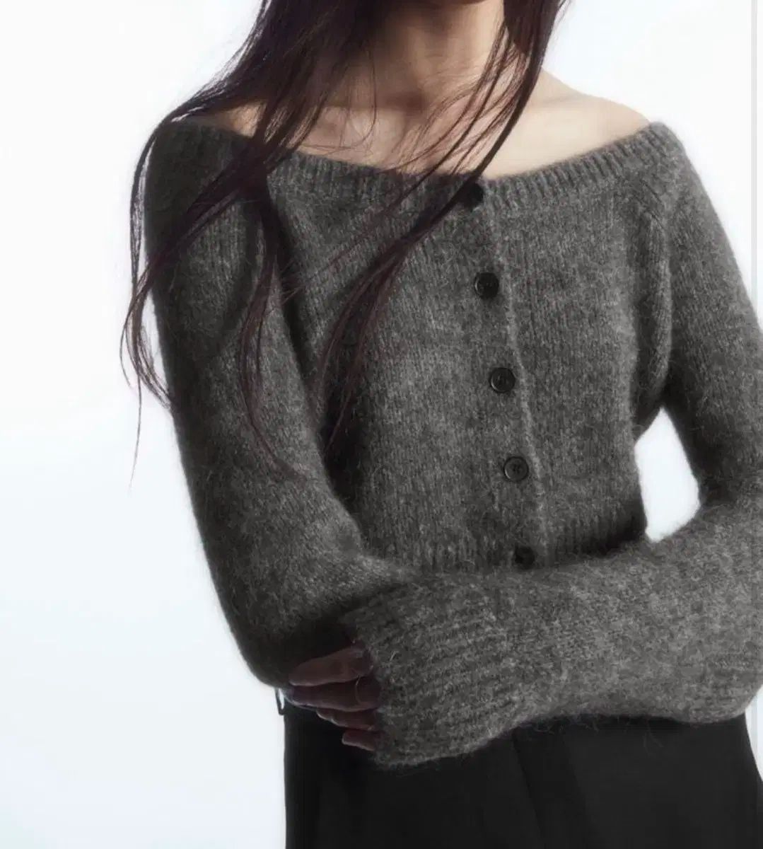 COS コス オフショルダー クロップド カーディガン グレー