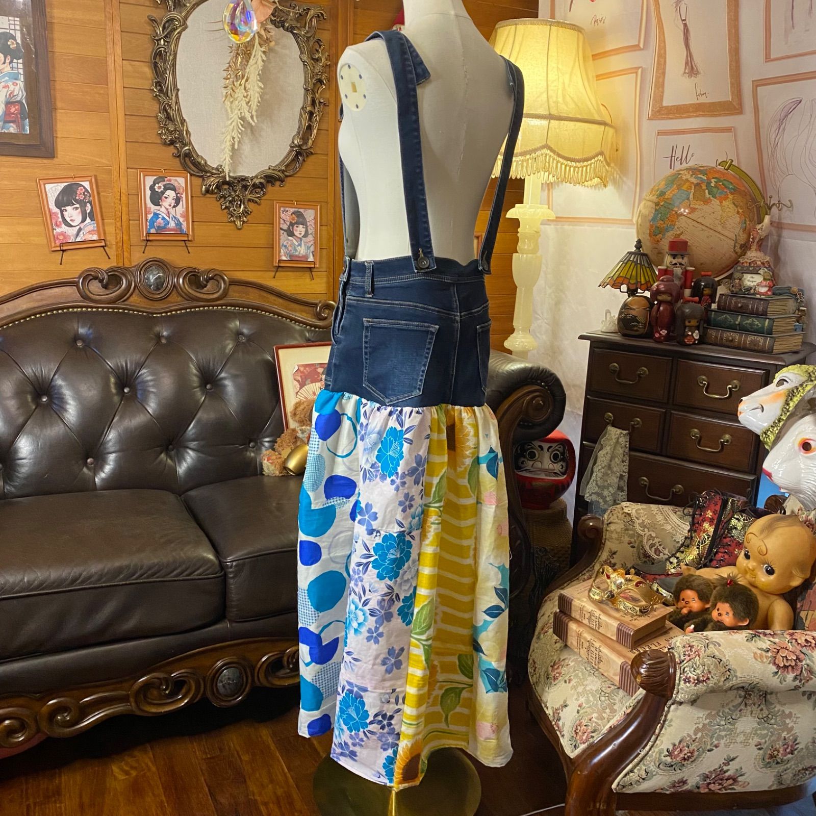 和洋折衷リメイク 浴衣 デニム オーバーオール サロペット ワンピース