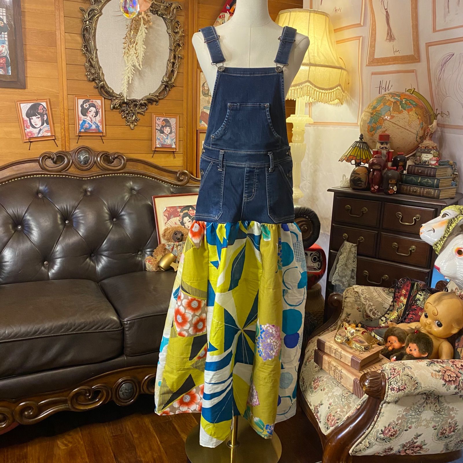 和洋折衷リメイク 浴衣 デニム オーバーオール サロペット ワンピース