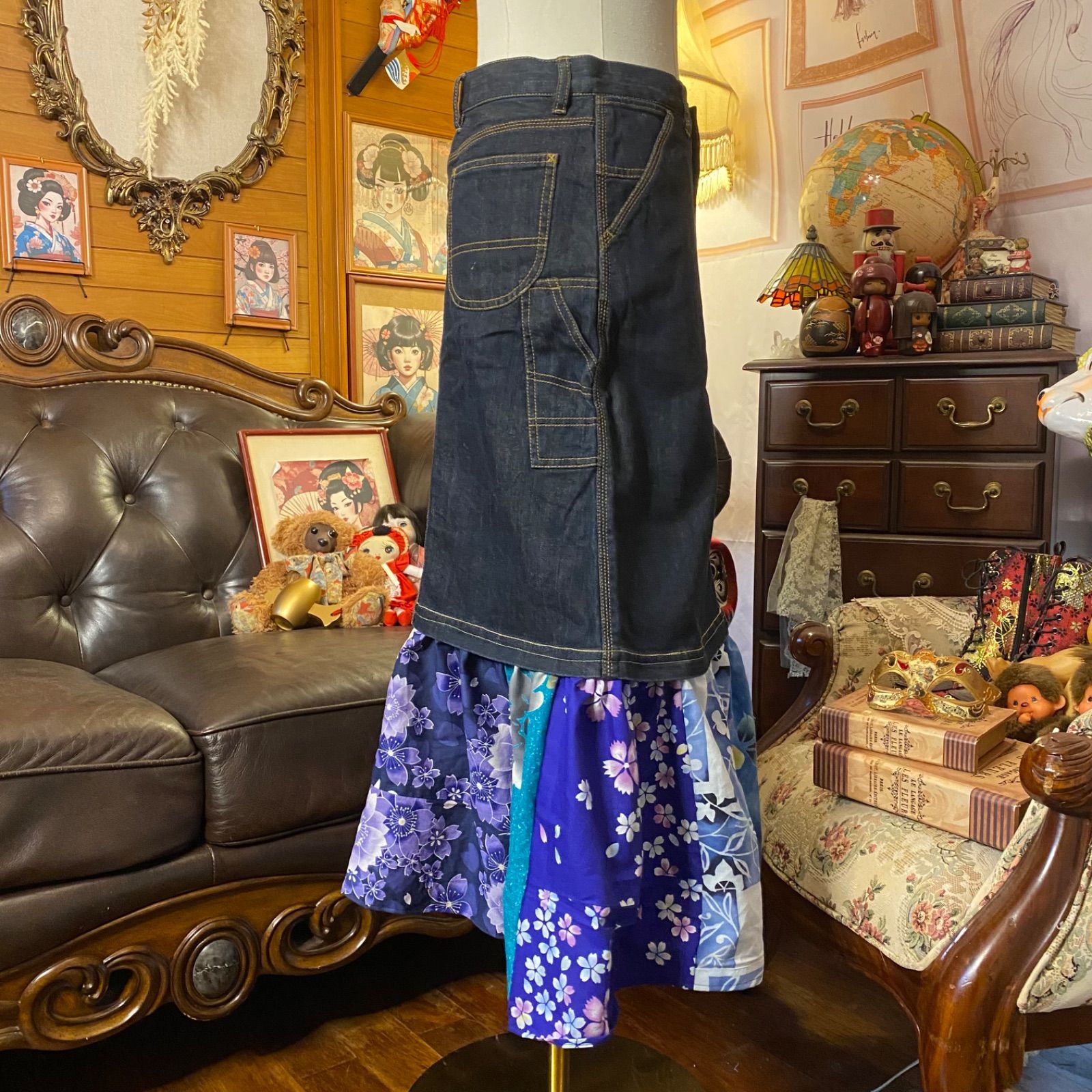 和洋折衷リメイク 浴衣 デニムスカート パッチワーク コラージュ ドッキング 切り替え レトロ 古着 ハンドメイド 夜空に咲く 花の物語 0-79 NEXPOTALLINN_EU