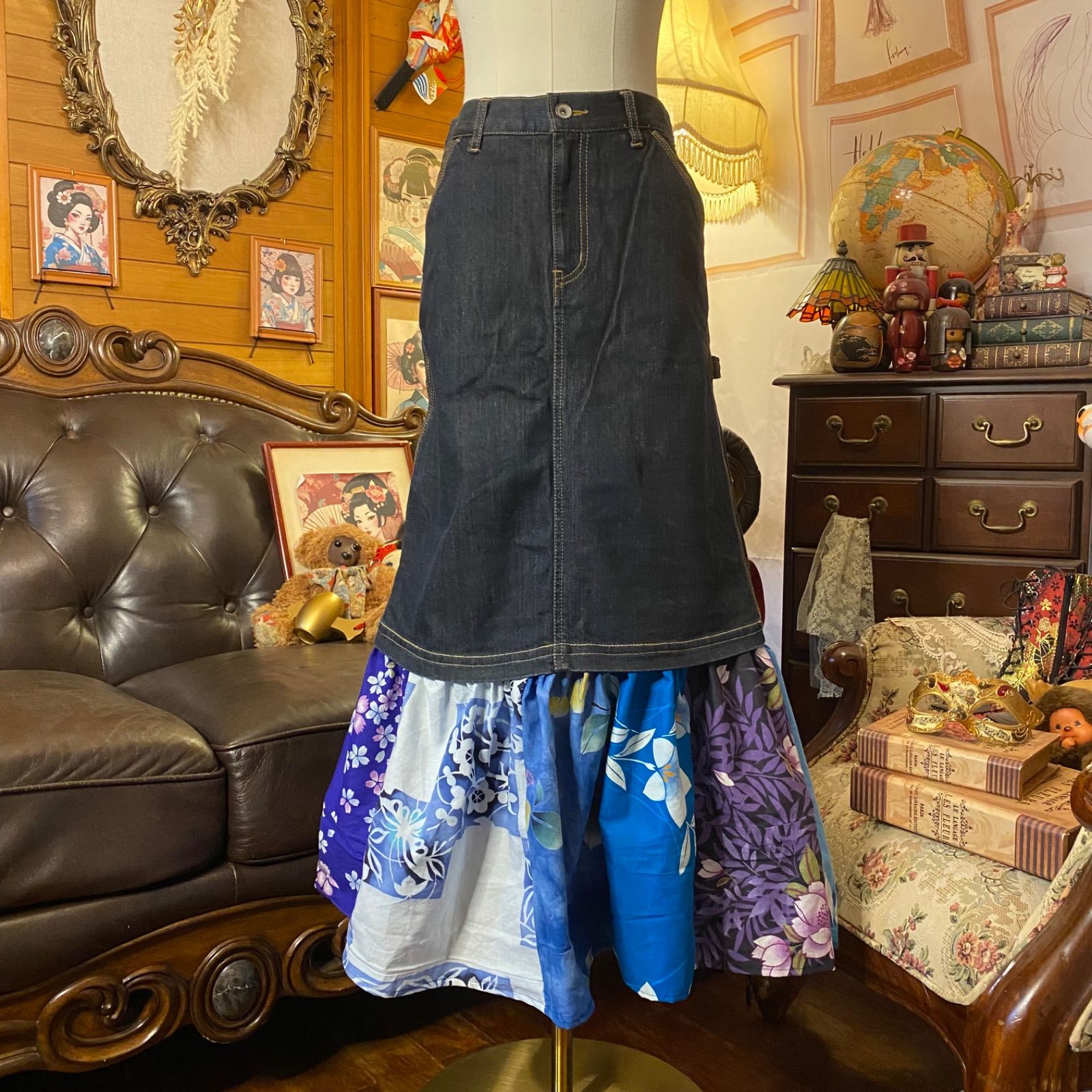 和洋折衷リメイク 浴衣 デニムスカート パッチワーク コラージュ ドッキング 切り替え レトロ 古着 ハンドメイド 夜空に咲く 花の物語 0-79