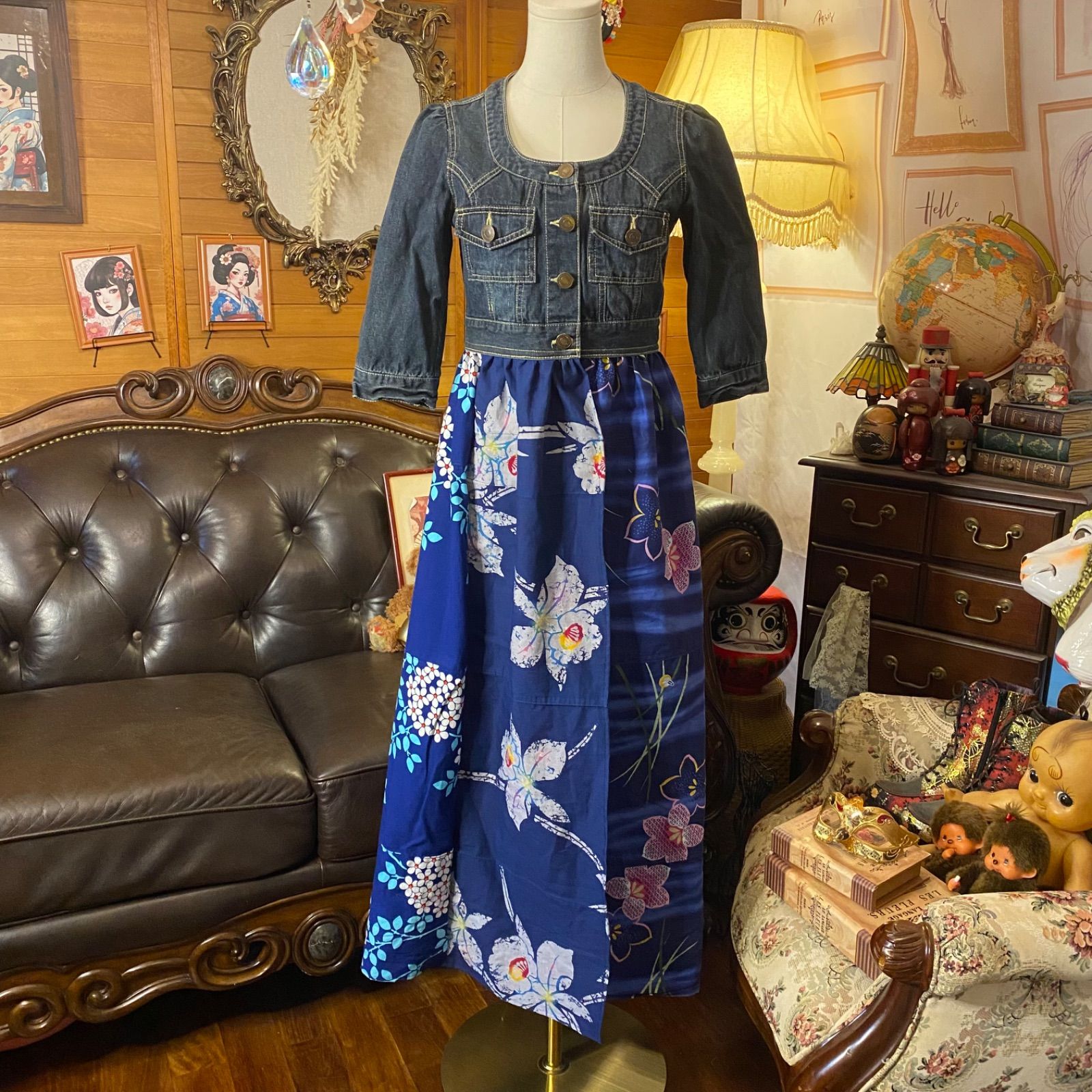 和洋折衷リメイク 浴衣 デニム ジャケット パッチワーク コラージュ ドッキング 切り替え レトロ 古着 ハンドメイド ネイビー×和花＆トンボ模様 0-80