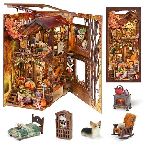 ブックヌックキット 大人向け DIYミニチュアハウス 本棚飾り 秋の田舎家テーマ 防塵カバー-LEDライト付き 3D木製パズルブックエンド 黄昏のコテージ mp