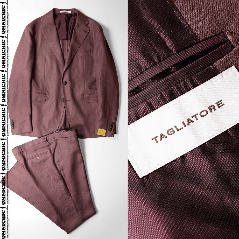 最 PINO LERARIO リネン 100％ 春夏 TAGLIATORE タリアトーレ 色気漂う 麻 の風合い 上 ワイン ソリッド スーツ 54 ジャケット パンツ