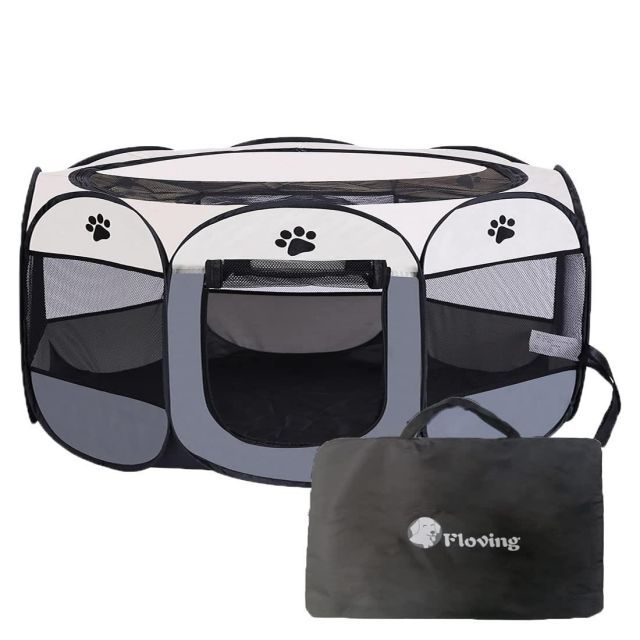 送料無料 Floving 八角形 ペットサークル 折りたたみ式 収納バッグ付き 猫 犬 ケージ 組み立て不要 ペット用サークル コンパクト 防災ペットケージ 室内外兼用 メッシュサークル XL 114*114*58cm グレー