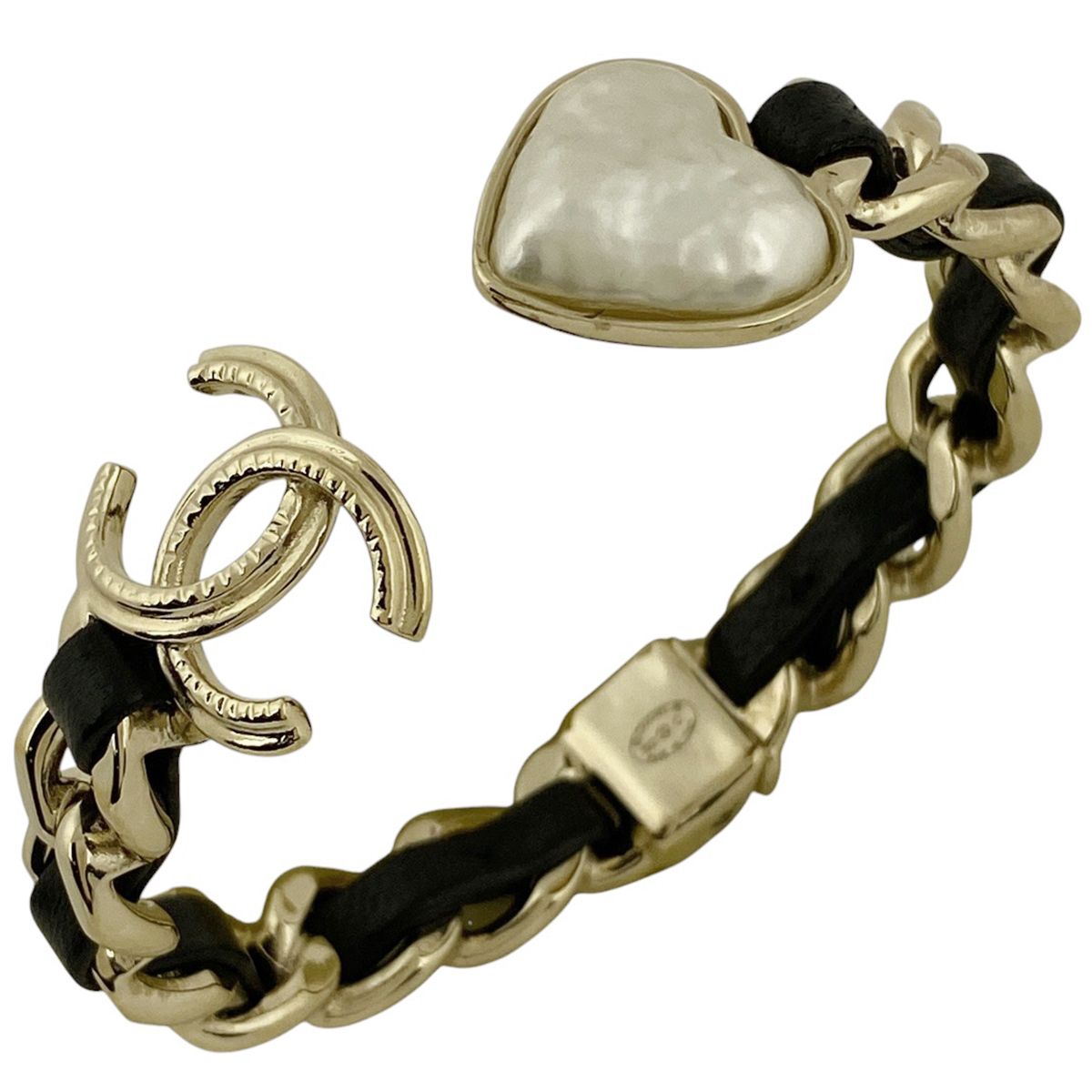 シャネル CHANEL ココマーク バングル ハート 腕輪 バングル GP レザー ゴールド ブラック レディース