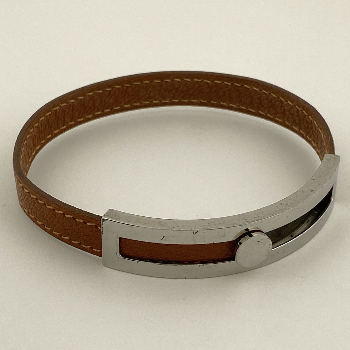 エルメス HERMES プスプス 腕輪 ブレスレット レザー シルバーメッキ ブラウン シルバー レディース