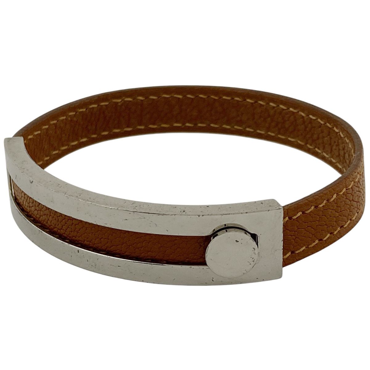 エルメス HERMES プスプス 腕輪 ブレスレット レザー シルバーメッキ ブラウン シルバー レディース