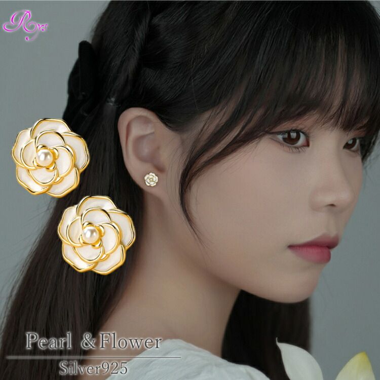 【カメリアの一粒パールピアス】 シルバー925 淡水パール ピアス フラワー 花 カメリア サザンカ 山茶花 椿 ツバキ 金属アレルギー対応 レディース 女性 お花 ホワイト ゴールド シルバー