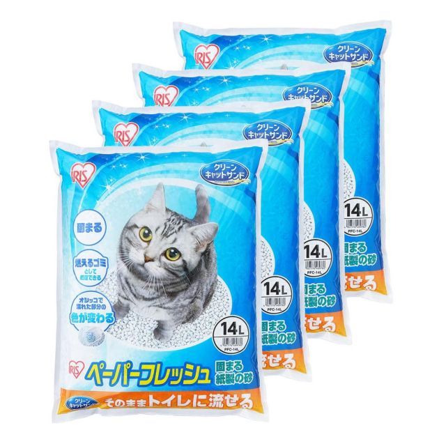送料無料 アイリスオーヤマ 猫砂 ペーパーフレッシュ トイレに流せる 固まる PFC-14L 紙製 14L×4袋 ケース販売