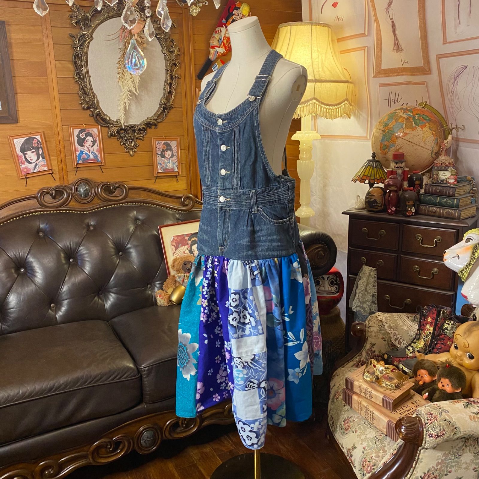 和洋折衷リメイク 浴衣 オーバーオール ワンピース パッチワーク コラージュ ドッキング 切り替え デニム サロペット レトロ 古着 ハンドメイド 爽やかなブルー〜パープル 0-81