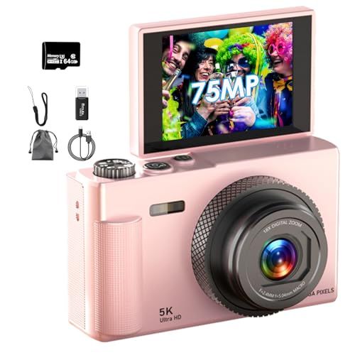 デジカメ 5K動画撮影 7500万画素 180°フリップスクリーン デジタルカメラ 64GB Micro SDカード付き AFオートフォーカス コンパクトカメラ 2.83インチのIPS大画面 18倍ズーム フラッシュ 手振れ補正機能を備えてい 0ce61dae