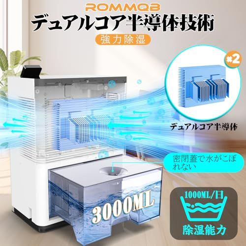 除湿機 小型 ROMMQB 除湿器 3000mL大容量水タン ペルチェ式 じょしつき 部屋用 スリープモード 衣類乾燥 強力 除湿乾燥機 除湿机 5色ライト 満水自動停止機能 省エネ ポータブル 吸湿機 コンパクト Dehumidifier 4f3d60b2