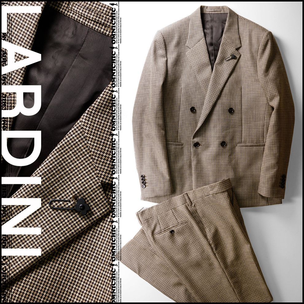 抜群の 感 KOSMO 秋冬 33万 LARDINI ラルディーニ コスモ マイクロ ハウンドトゥース ウール 4B セット アップ スーツ 52 ジャケット パンツ ダブル ブラウン