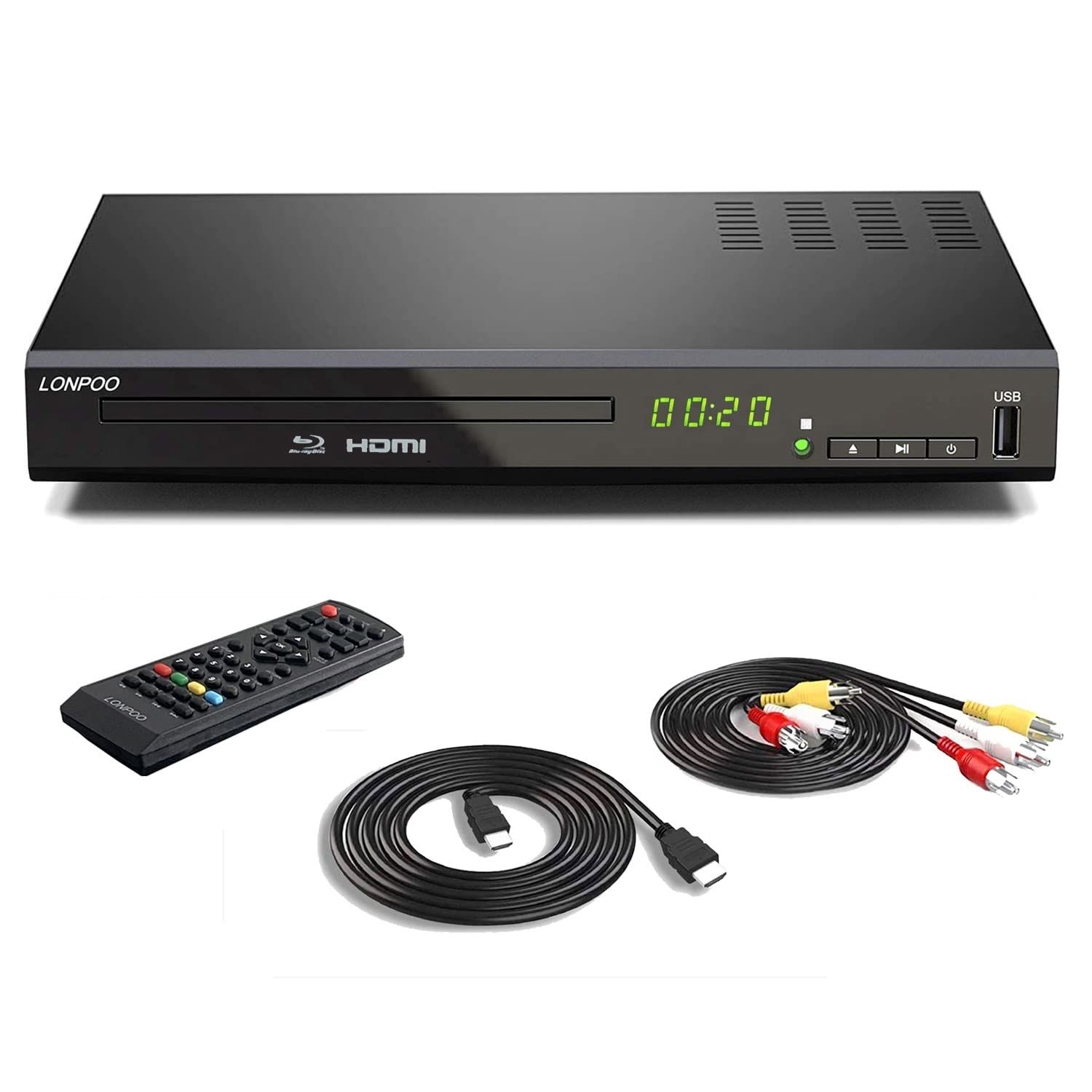 LONPOO DVD ブルーレイプレーヤー フルHD1080p DVDプレーヤー CPRM再生 HDMI 同軸 AV出力 高速起動 PAL NTSC対応 USB 外付けHDD対応 Blu-rayリージョンA 1 AV HDMIケーブル付き