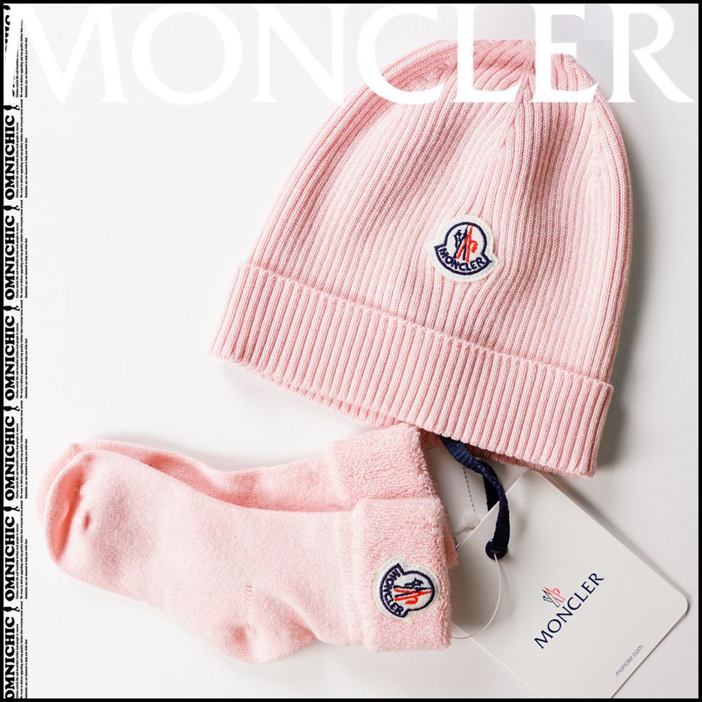 プレゼントに ベビー用 安心の MONCLER モンクレール ロゴ リブ ニット キャップ × ソックス セット ピンク 新生児 赤ちゃん