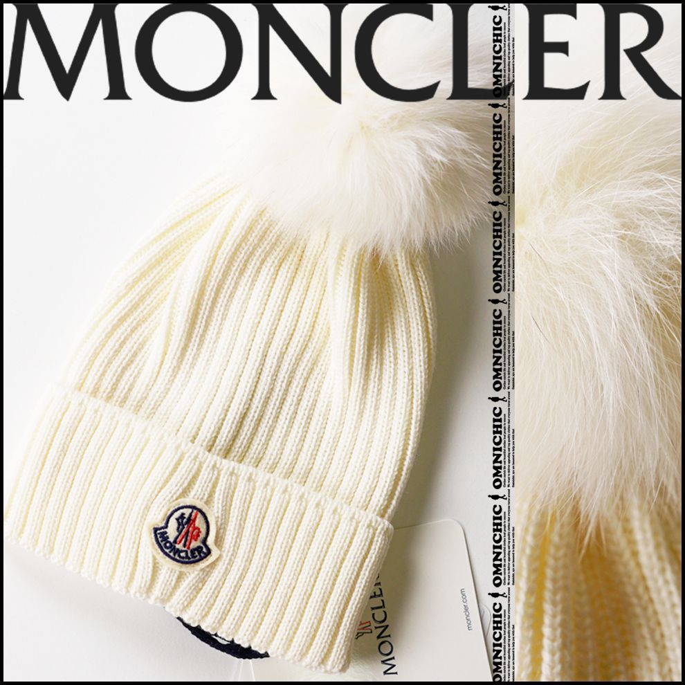豪華 リアルフォックス ファー 安心の MONCLER モンクレール 大人もOK ロゴ ウール ホワイト リブ ニット キャップ M ビーニー