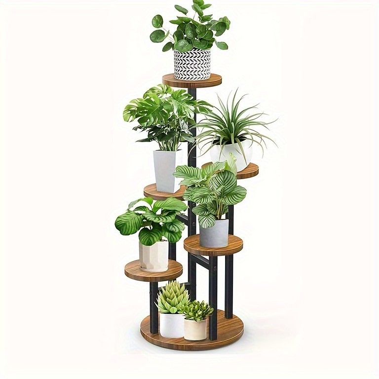 モダン幾何学デザイン 6段ラウンドプラントスタンド ニュージーランドパイン製 メタル&ウッド 屋内外利用 軽量耐久 庭園装飾 バルコニー リビングルームに最適 頑丈構造 炭焼きソリッドモデル
