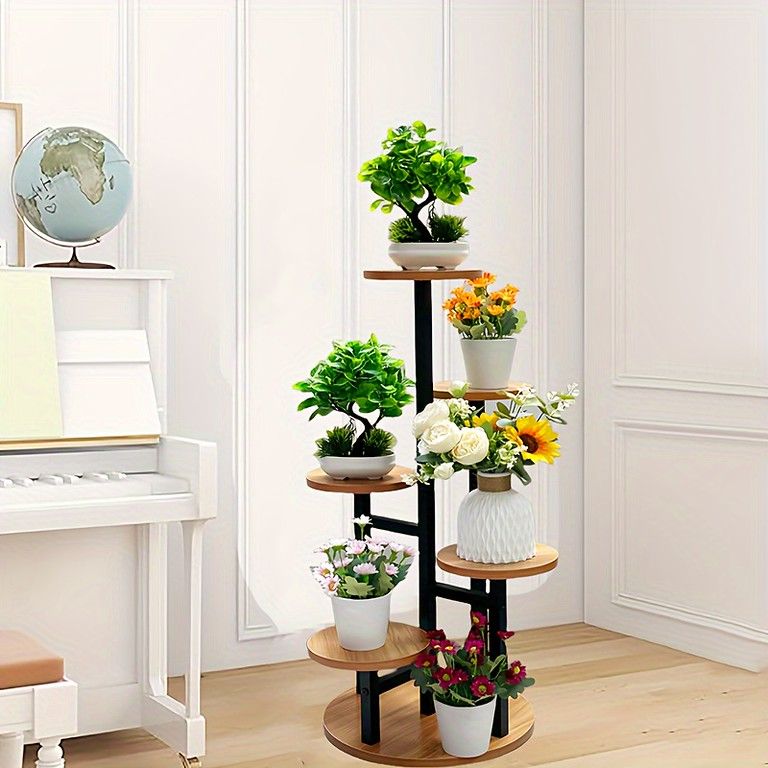 モダン幾何学デザイン 6段ラウンドプラントスタンド ニュージーランドパイン製 メタル&ウッド 屋内外利用 軽量耐久 庭園装飾 バルコニー リビングルームに最適 頑丈構造 密度モデル2層