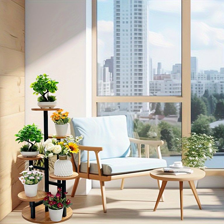 モダン幾何学デザイン 6段ラウンドプラントスタンド ニュージーランドパイン製 メタル＆ウッド 屋内外利用 軽量耐久 庭園装飾 バルコニー リビングルームに最適 頑丈構造 炭焼きソリッドモデル WWW_GEBZETESISAT_COM_TR