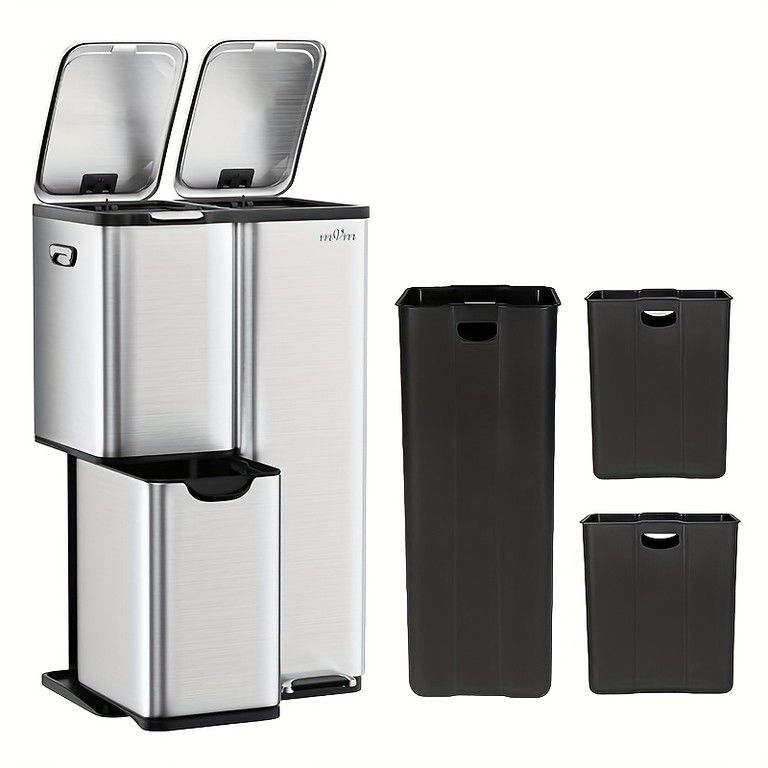 高耐久ステンレス製 ゴミ箱 60L大容量 3分別 リサイクル対応 ソフトカバー 指紋防止 ブラッシュ仕上げ 踏み込み式 分離型 内筒付き オフィス 家庭用 シルバー