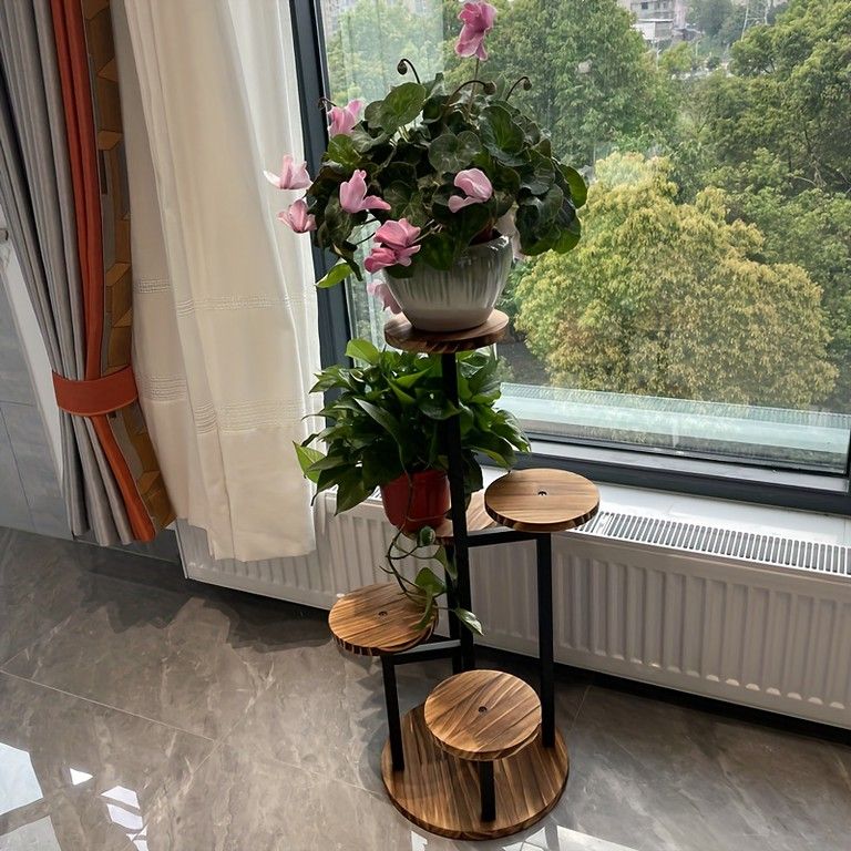 天然木製 6段 プランタースタンド 円形 棚 観葉植物 サボテン バルコニー リビング 書斎 屋内屋外対応 ストライプデザイン 塗装仕上げ WWW_GEBZETESISAT_COM_TR