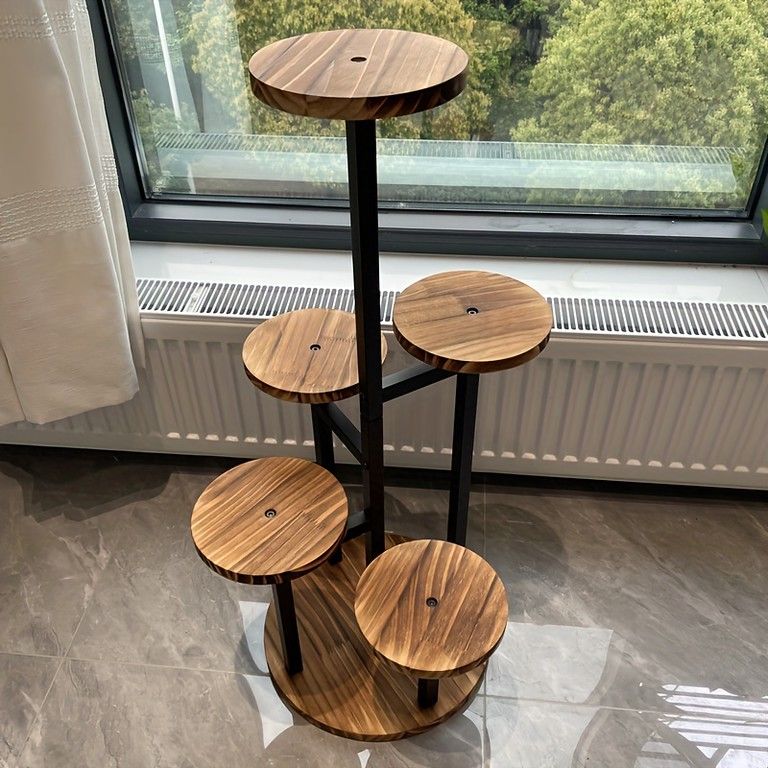 天然木製 6段 プランタースタンド 円形 棚 観葉植物 サボテン バルコニー リビング 書斎 屋内屋外対応 ストライプデザイン 塗装仕上げ