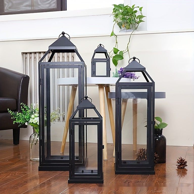 エレガント アイアンキャンドルランタン ガラスパネル付 防風設計 結婚式 教会 祭り ホームデコに最適 バレンタインデーにも L