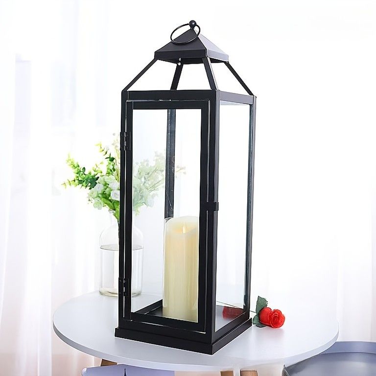 エレガント アイアンキャンドルランタン ガラスパネル付 防風設計 結婚式 教会 祭り ホームデコに最適 バレンタインデーにも L