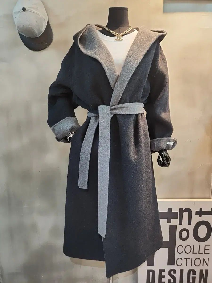 ウールカシミア混フーディーコートベルトセットロングコートCOLOR