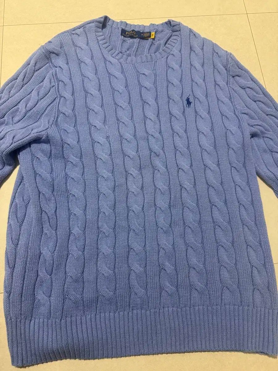 ポロ ケーブル ニット スカイブルー