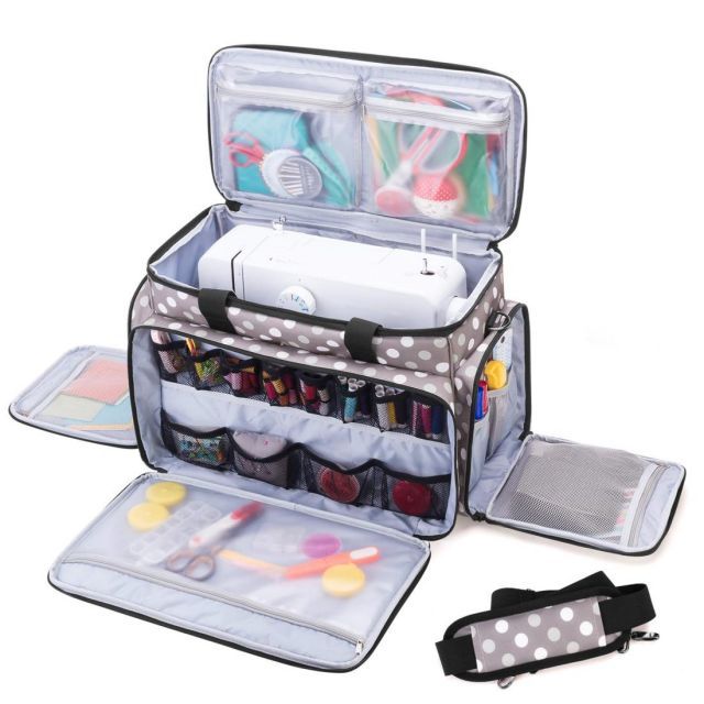 Luxja ミシンケース ハードボード付き 裁縫道具もまとめて収納 クッション性 グレー ドット