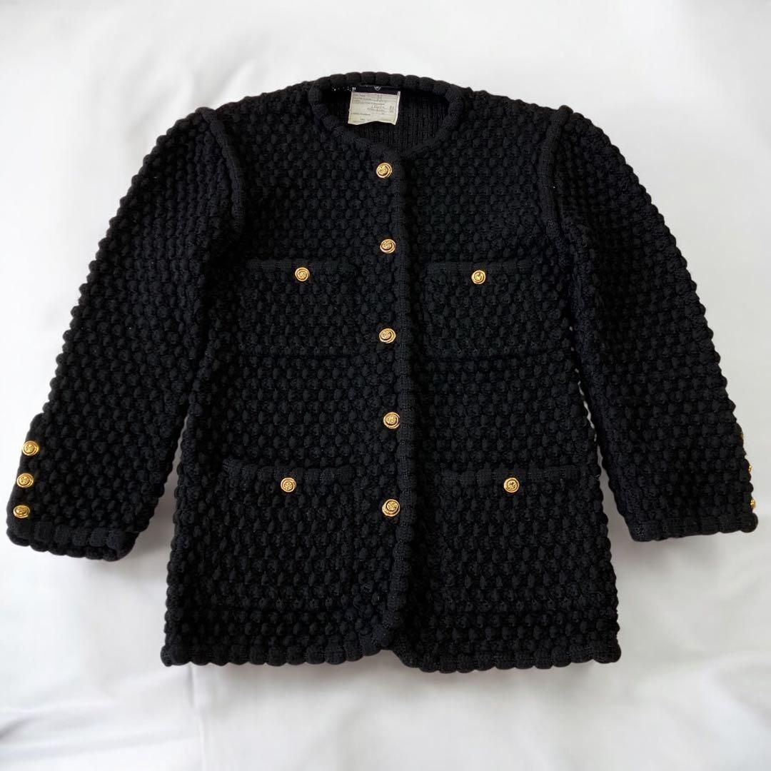 肉厚 シャネル 女性 クローバー ノーカラー ニット ジャケット M 金ボタン
