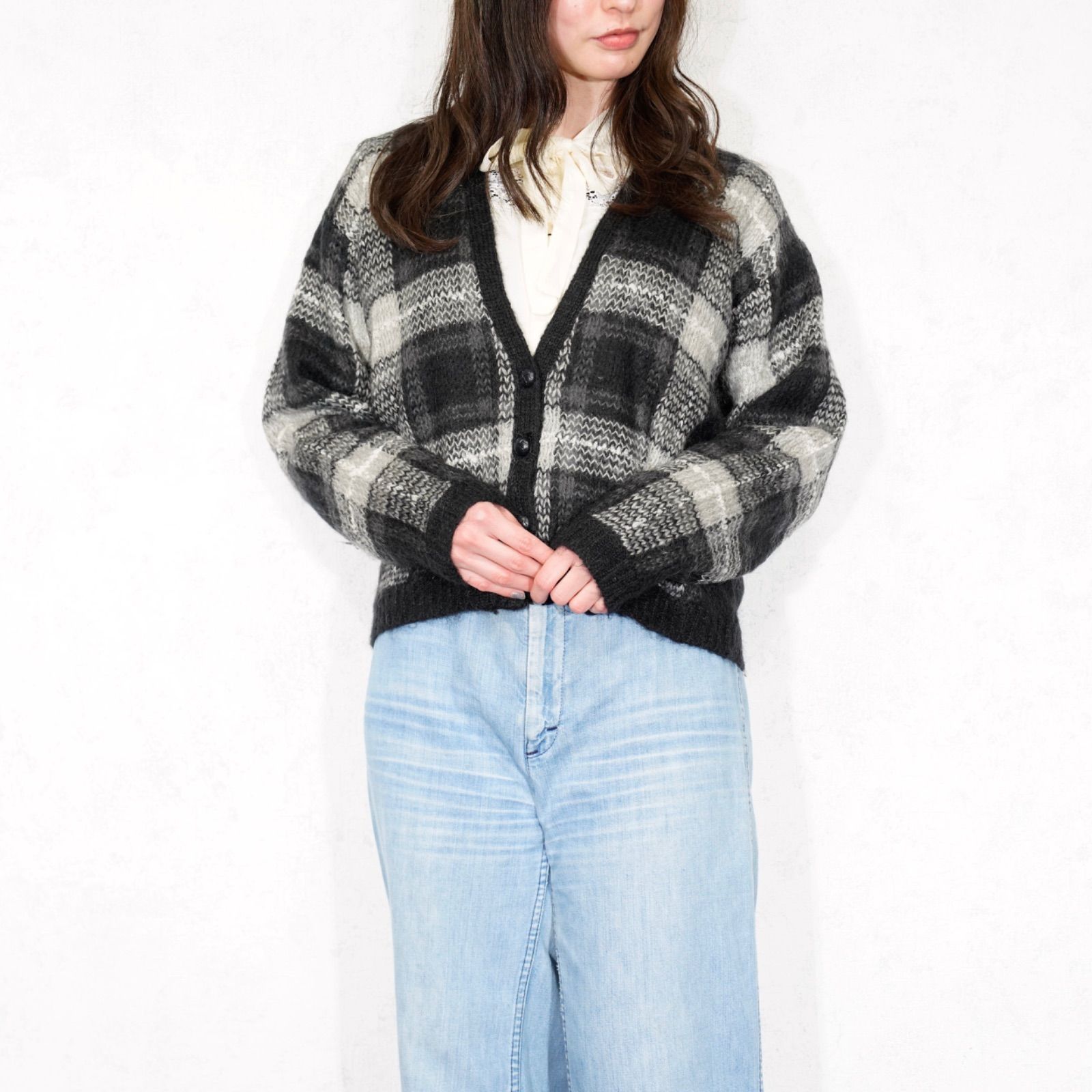 USA VINTAGE LISE J. CHECK PATTERNED MOHAIR KNIT CARDIGAN アメリカ古着チェック柄モヘアニットカーディガン