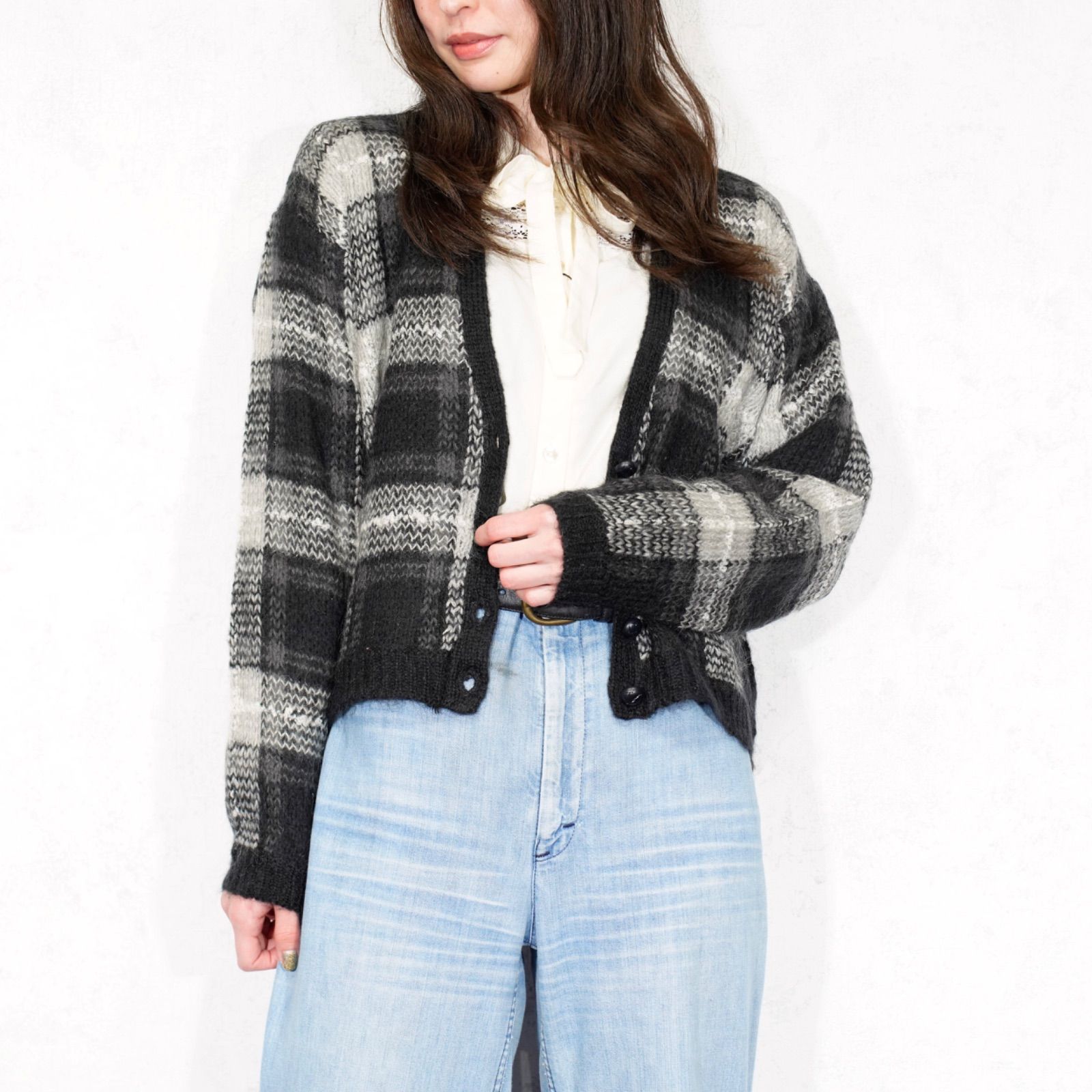 アメリカ古着チェック柄モヘアニットカーディガン