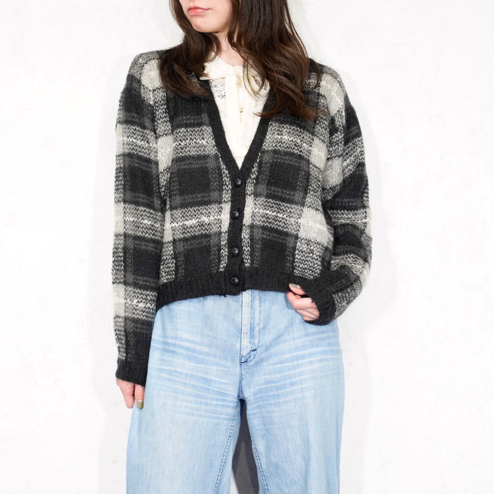 USA VINTAGE LISE J. CHECK PATTERNED MOHAIR KNIT CARDIGAN アメリカ古着チェック柄モヘアニットカーディガン