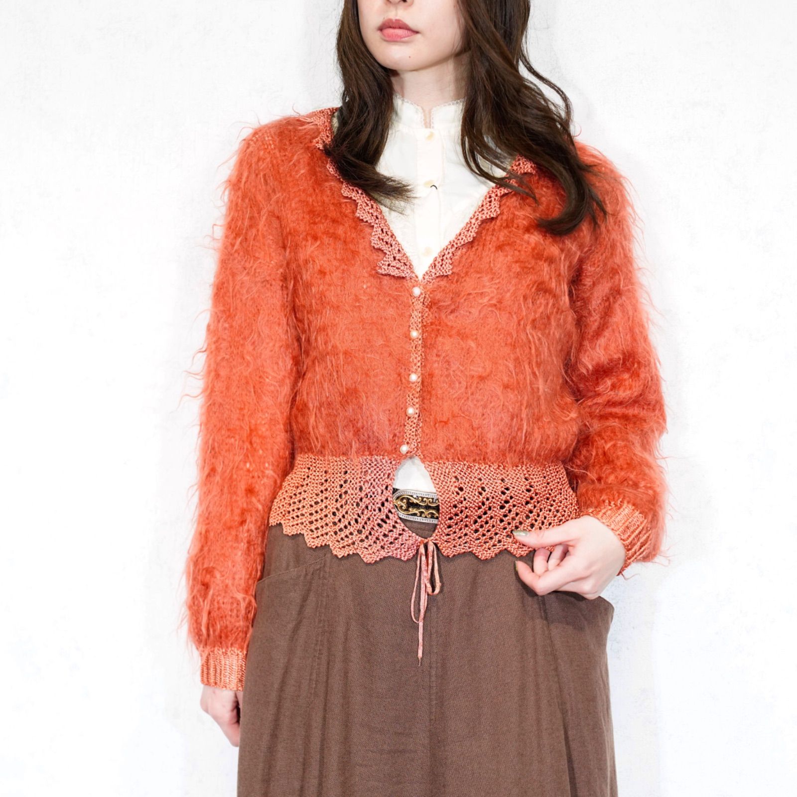 USA VINTAGE CROCHET SWITCHED DESIGN LONG MOHAIR KNIT CARDIGAN アメリカ古着鍵編み切替デザインロングモヘアニットカーディガン