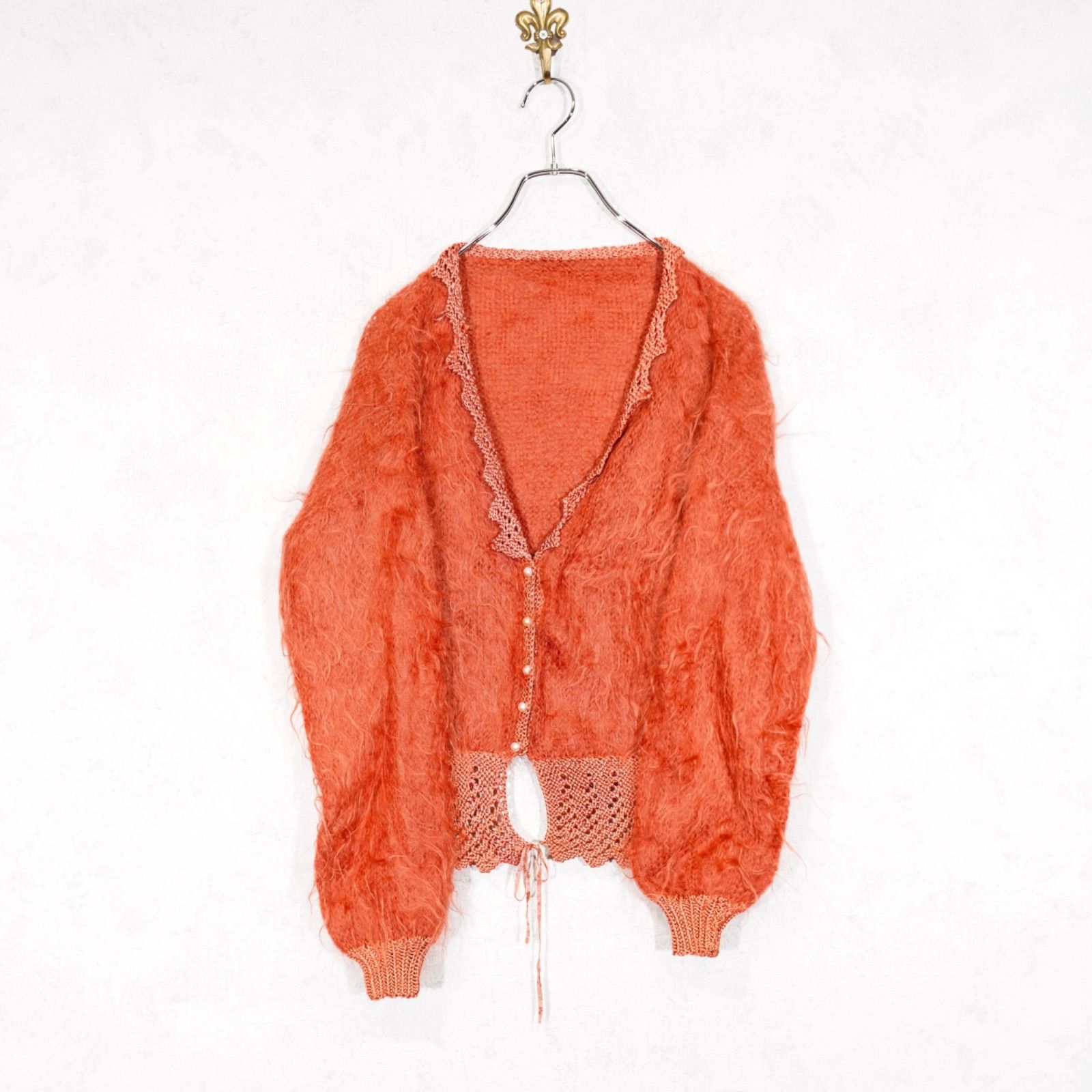  USA VINTAGE CROCHET SWITCHED DESIGN LONG MOHAIR KNIT CARDIGAN アメリカ古着鍵編み切替デザインロングモヘアニットカーディガン 長袖 カーディガン ボレロ アンサンブル
