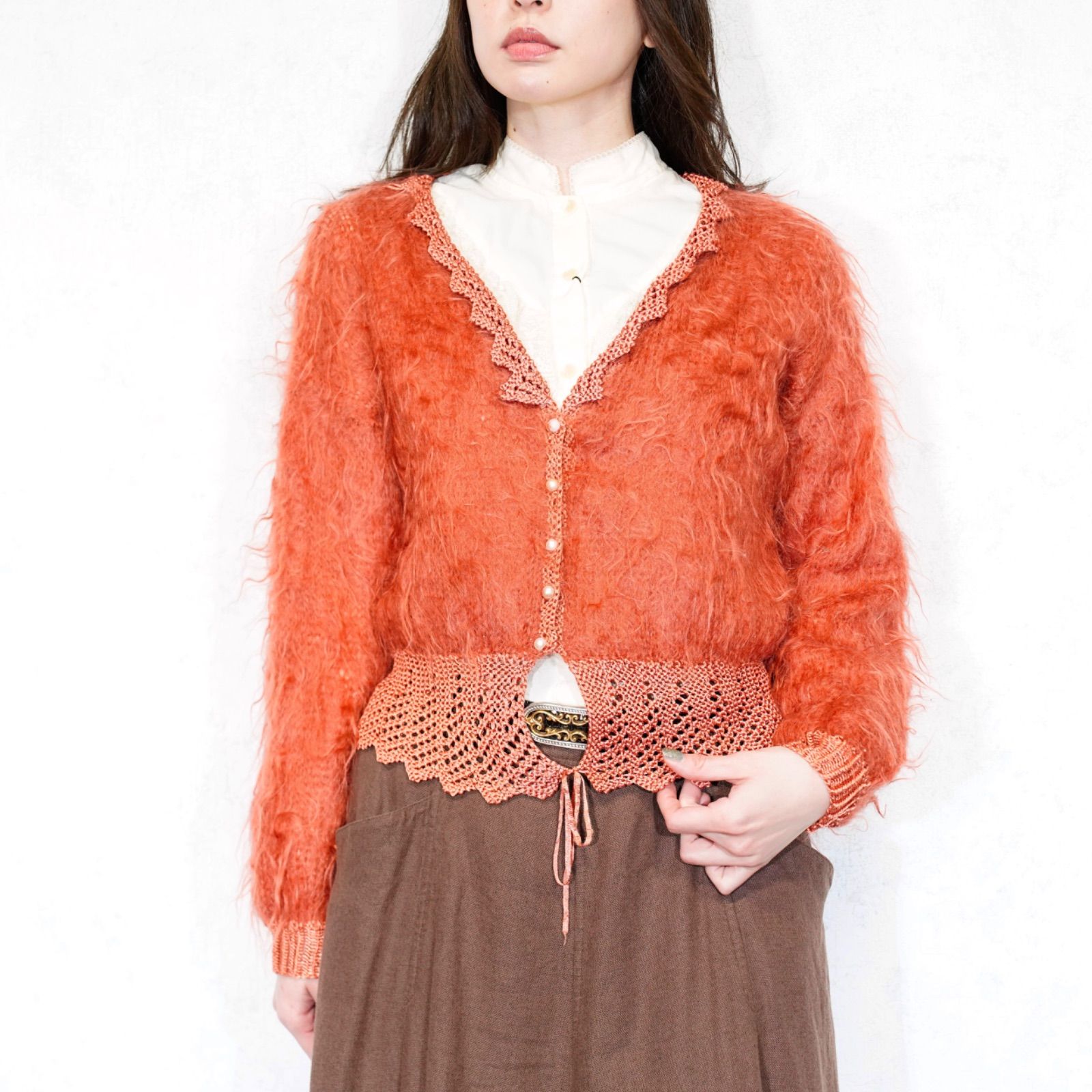 USA VINTAGE CROCHET SWITCHED DESIGN LONG MOHAIR KNIT CARDIGAN アメリカ古着鍵編み切替デザインロングモヘアニットカーディガン