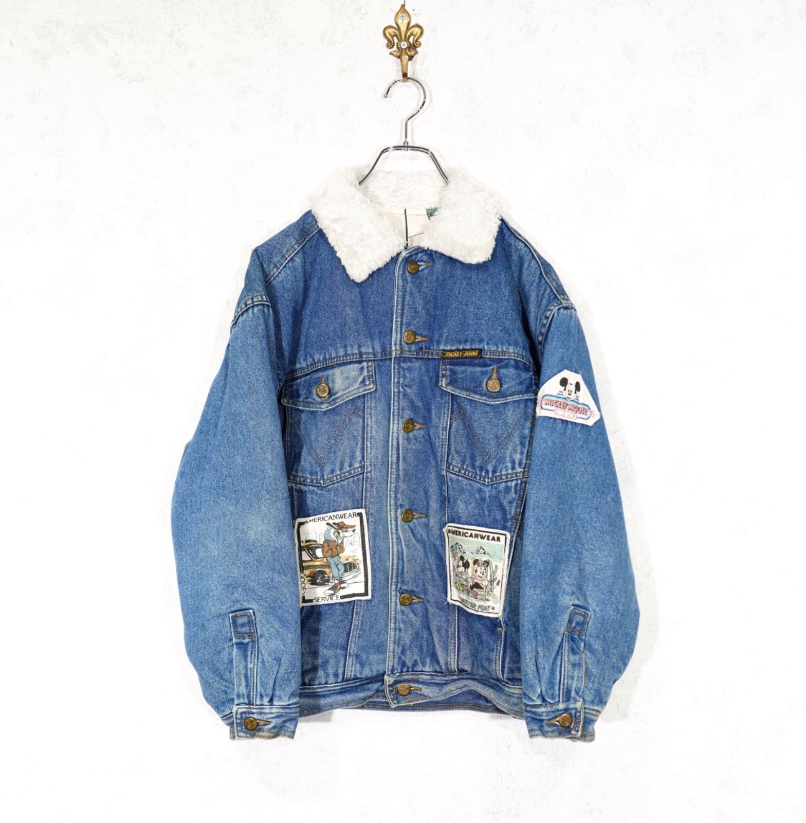 SPECIAL ITEM USA VINTAGE mickey jeans CHARACTER PATCHWORK DESIGN DENIM BOA COLLAR BLOUSON アメリカ古着キャラクターパッチワークデザインデニムボア襟ブルゾン KANDAIZUMI_COM