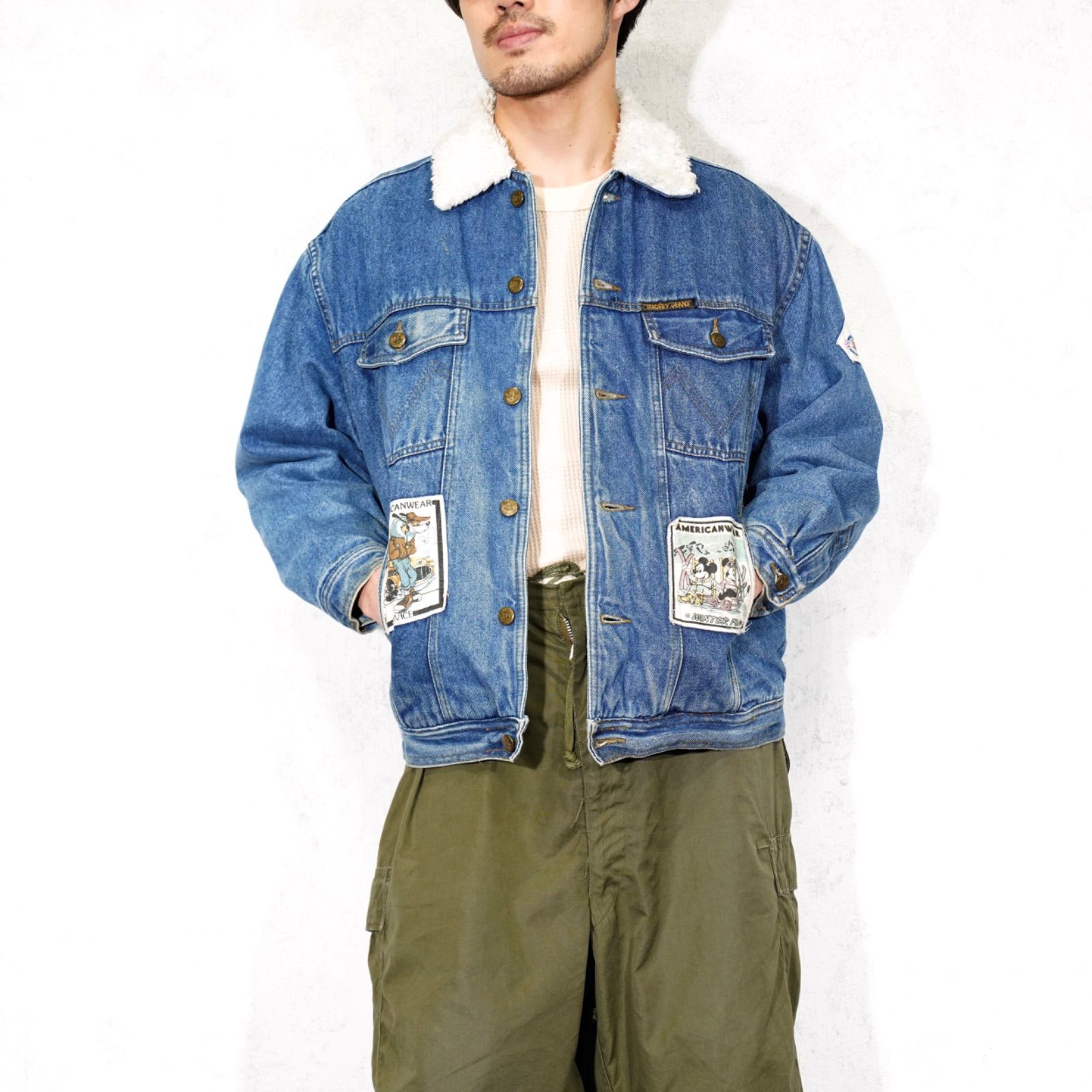 SPECIAL ITEM USA VINTAGE mickey jeans CHARACTER PATCHWORK DESIGN DENIM BOA COLLAR BLOUSON アメリカ古着キャラクターパッチワークデザインデニムボア襟ブルゾン
