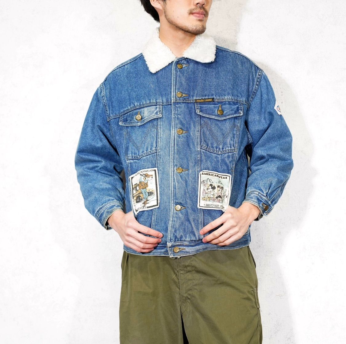 *SPECIAL ITEM* USA VINTAGE mickey jeans CHARACTER PATCHWORK DESIGN DENIM BOA COLLAR BLOUSON|アメリカ古着キャラクターパッチワークデザインデニムボア襟ブルゾン