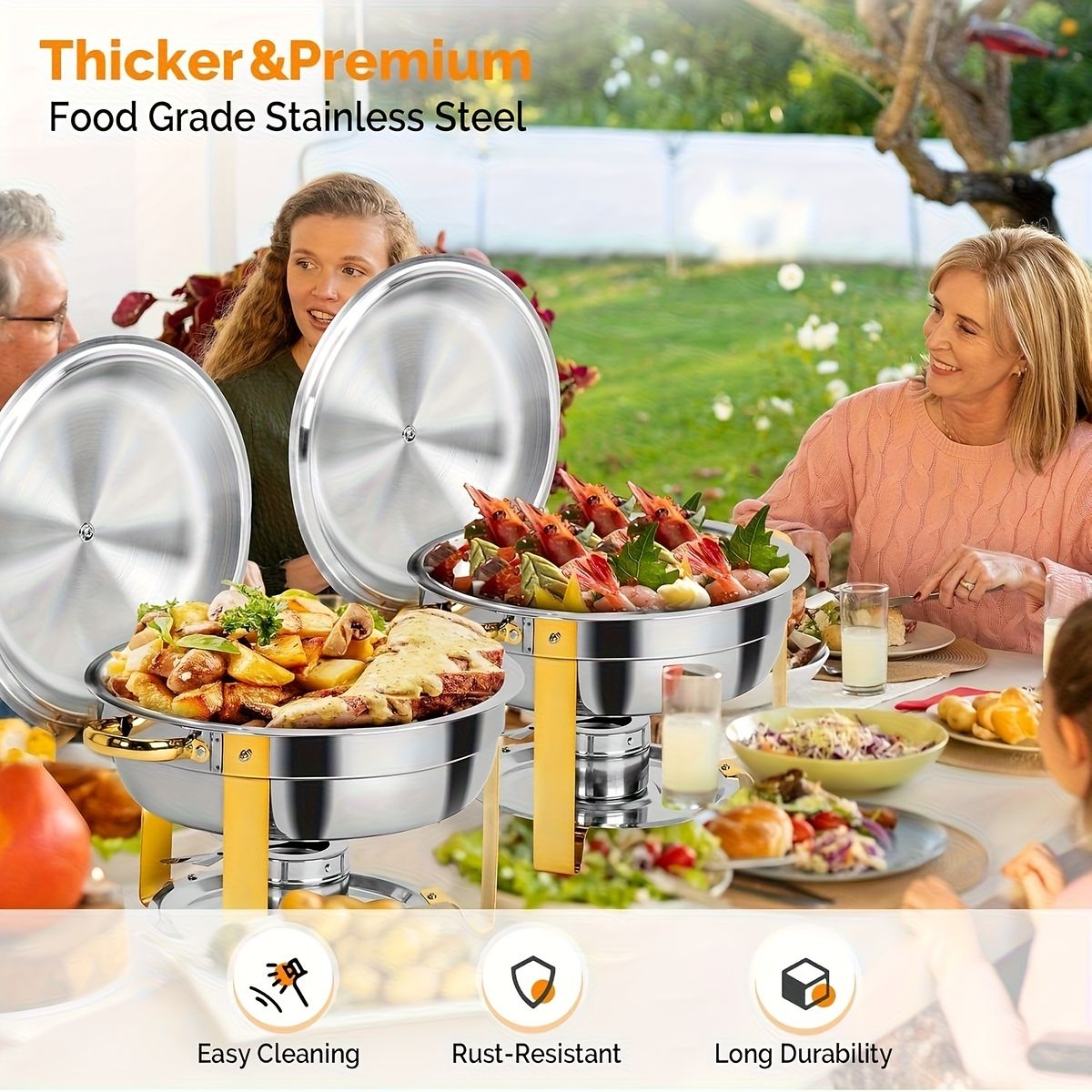 パーティ ケータリングに最適 5クォート丸型断熱フードパン 蓋 スタンド付 ステンレス製 保温 保冷対応 電源不要 食品接触可 ケータリング用品