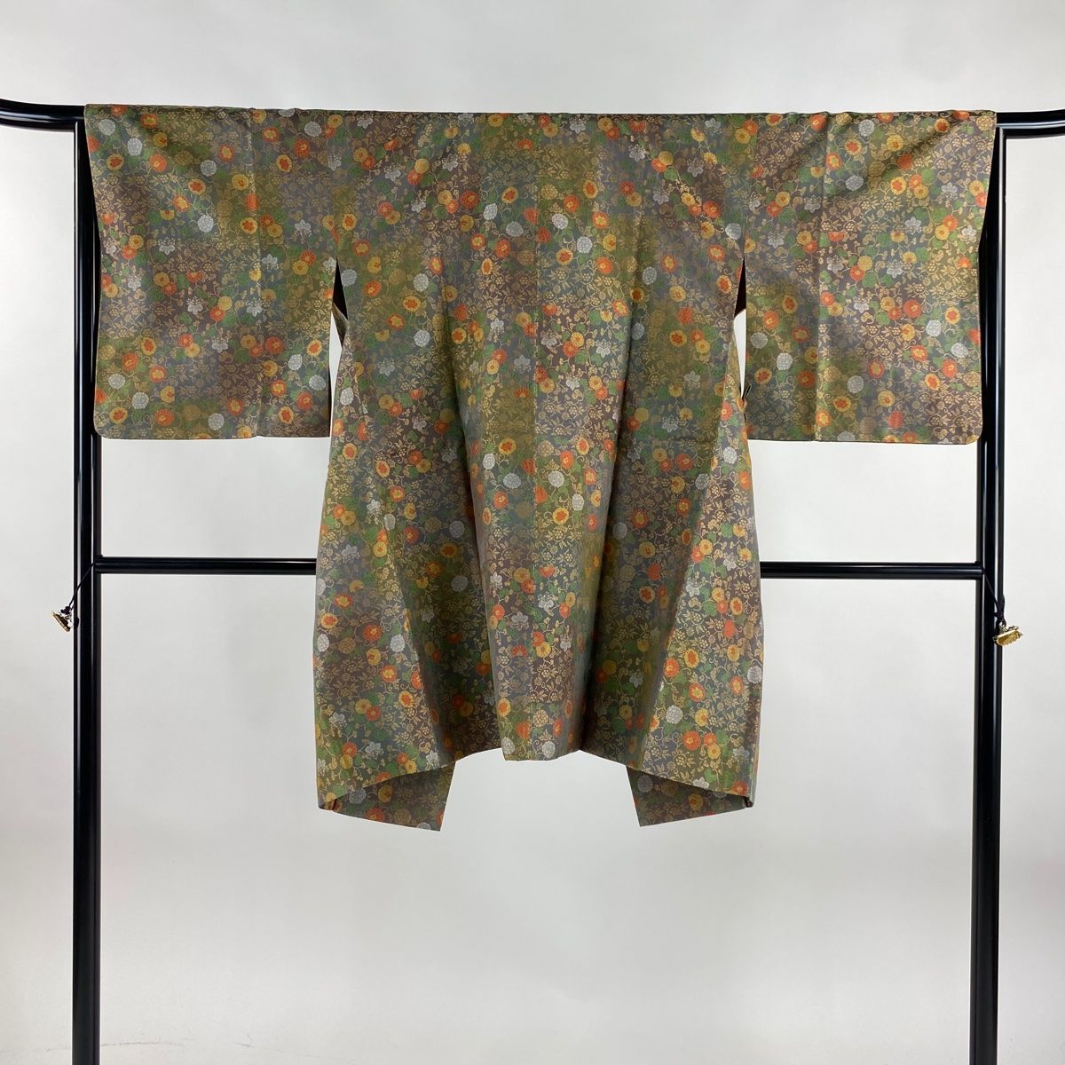 道中着 身丈96cm 裄丈65cm M 和装コート 鈴乃屋 花唐草 灰茶 正絹 秀品