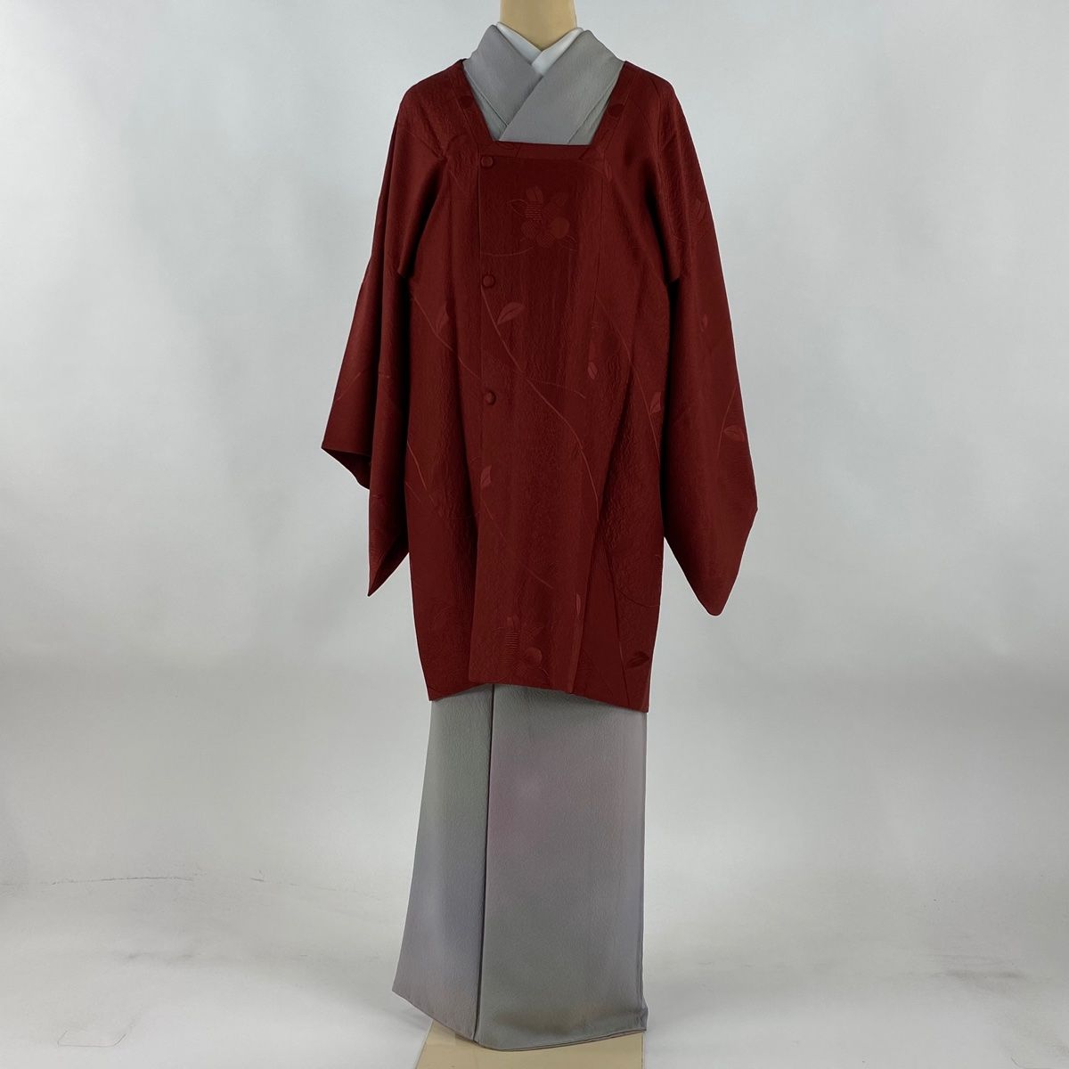道行 身丈87.5cm 裄丈67cm M 和装コート 角衿 地紋 えんじ色 正絹 秀品